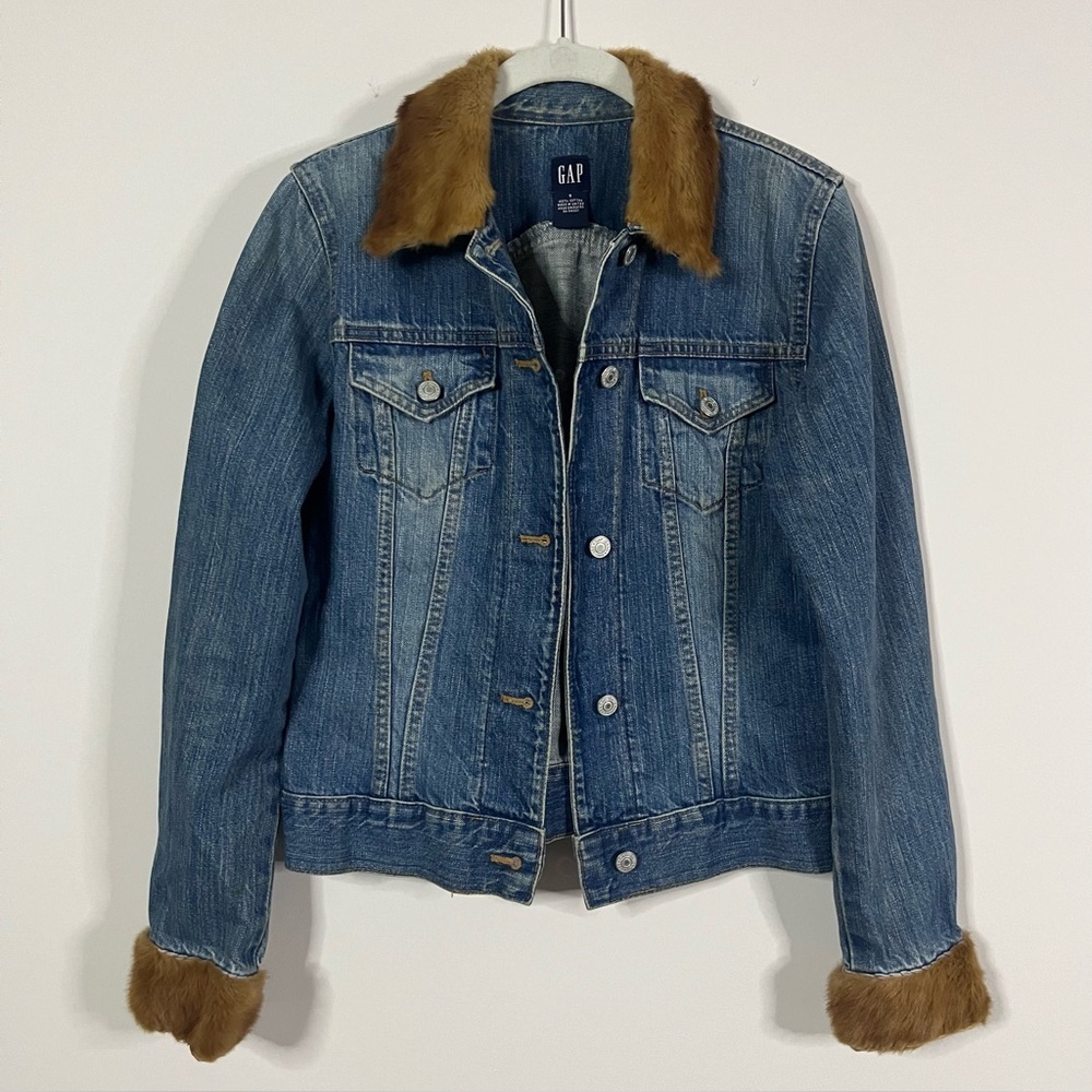 GAP Denim Trucker Jacket Fur Trim Collar Cuffs Custom Upcycled Boho Small